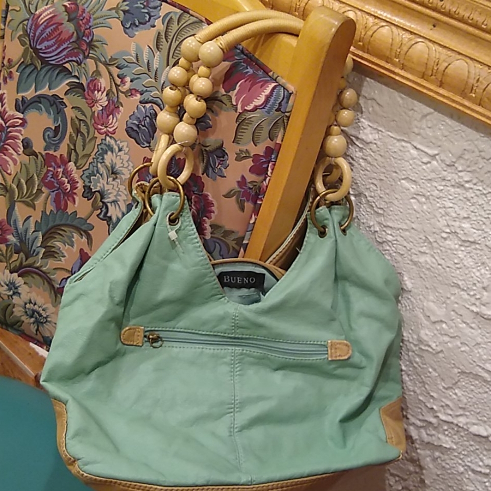 BUENO Large Mint/Beige Wooden Beaded Shoulder Bag